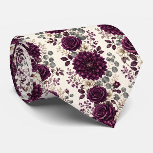 Luxury Plum Dahlia & Rose Floral Tie