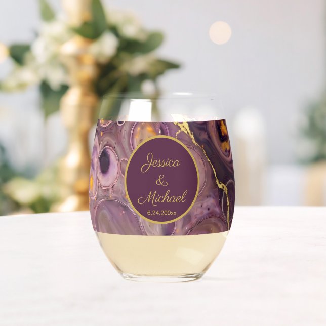 Luxury Plum Purple Marble  Stemless Wine Glass (Insitu (Wedding))