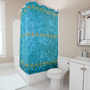 Luxury Popular Floral Blue Gold Glitter Shower Curtain