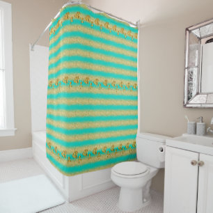 Luxury Popular Floral Turquoise Gold Glitter Shower Curtain