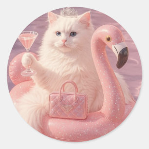 Luxury Princess Cat on Pink Flamingo Pool Float Classic Round Sticker