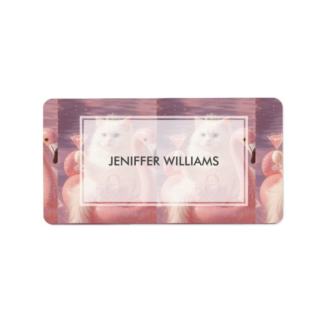 Luxury Princess Cat on Pink Flamingo Pool Float    Label (Front)