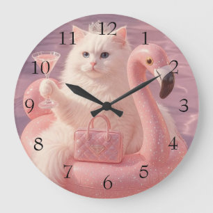 Luxury Princess Cat on Pink Flamingo Pool Float Large Clock