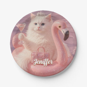 Luxury Princess Cat on Pink Flamingo Pool Float Paper Plate