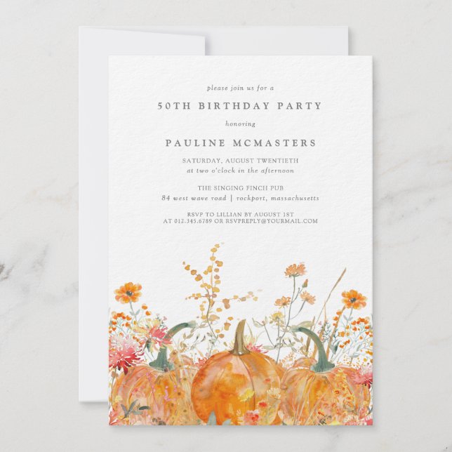 Luxury Pumpkin Wildflower Fall 50th Birthday Invitation (Front)