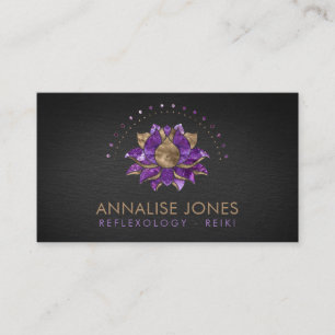 Luxury Purple Amethyst and gold Lotus on black Business Card