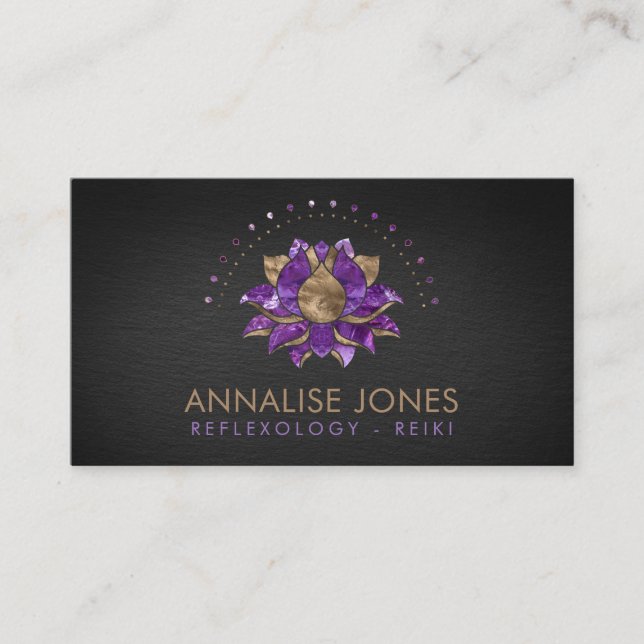 Luxury Purple Amethyst and gold Lotus on black Business Card (Front)