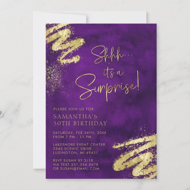 Luxury Purple and Gold Surprise Birthday Party Invitation (Front)