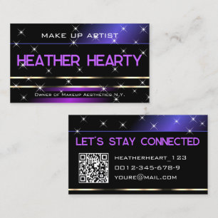 Luxury Purple Black Gold Glitter Stars and QR Code Business Card