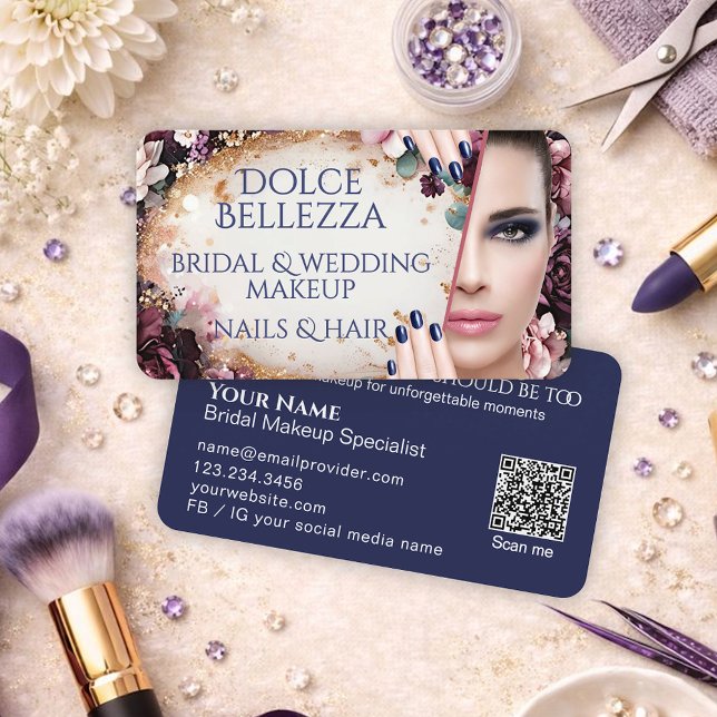 Luxury Purple Blue Floral Bridal Makeup Artist Business Card (Creator Uploaded)