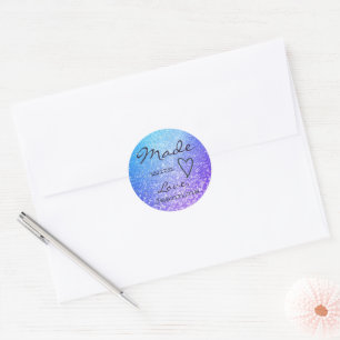 Luxury Purple Blue Glitter Made with Love Heart Classic Round Sticker