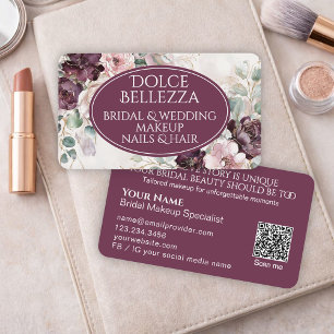 Luxury Purple Burgundy Floral Bridal Makeup Artist Business Card