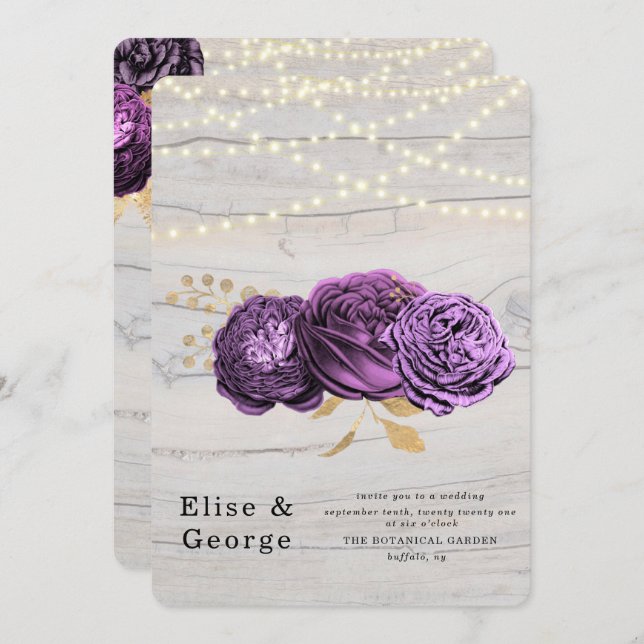 Luxury Purple Floral Wood String Lights Wedding Invitation (Front/Back)