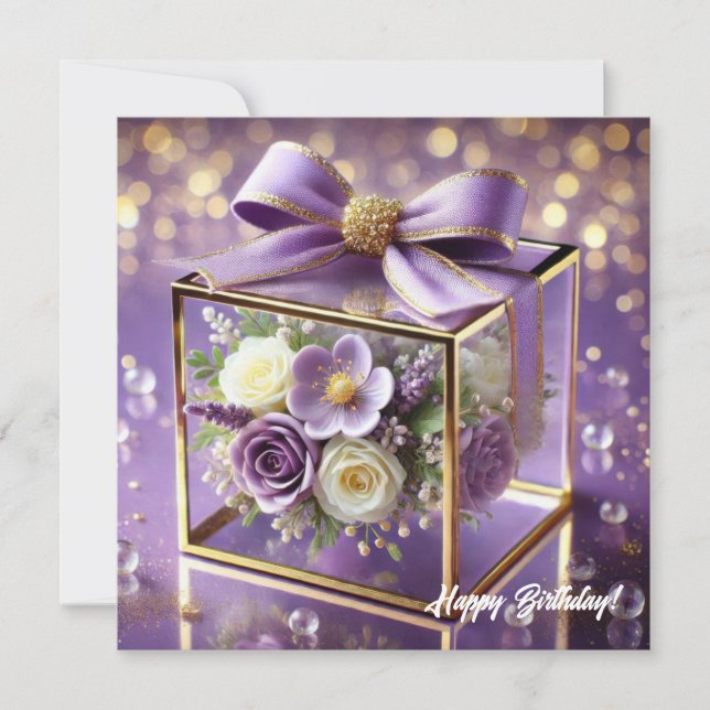 Luxury purple glass floral gift gold chiffon bow holiday card (Front)