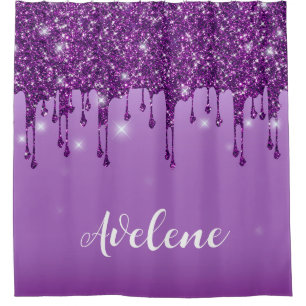 Luxury Purple Glitter Drips Monogram Shower Curtain
