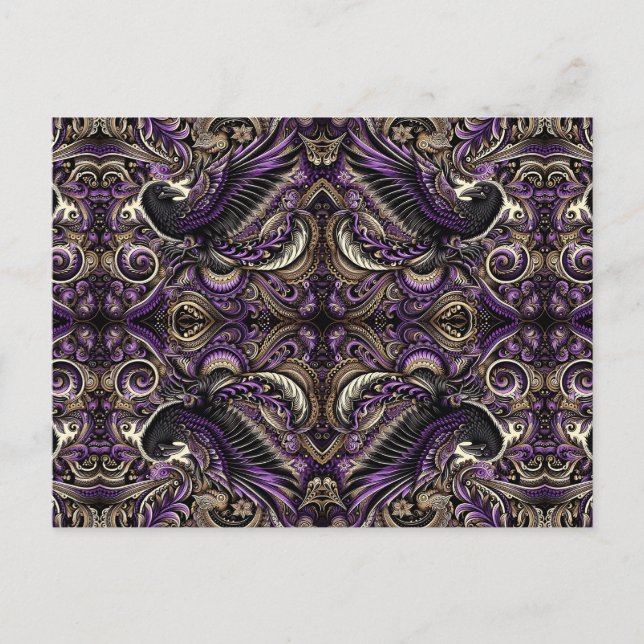 Luxury Purple Gold Batik Raven Tessellation Mosaic Postcard (Front)