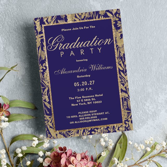 Luxury purple gold glitter floral Graduation  Invitation (Luxury purple gold glitter floral Graduation)