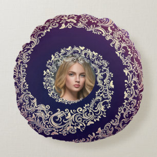 Luxury Purple & Gold Photo Round Cushion