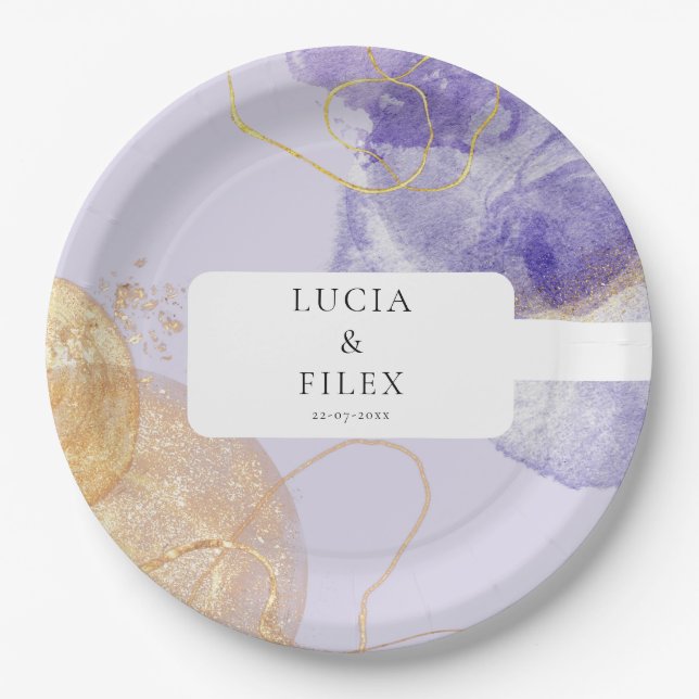 Luxury Purple & Golden Abstract Wedding Paper Plate (Front)
