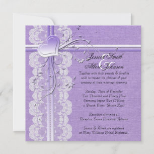 Luxury Purple Lace Heart Burlap Wedding Invitation