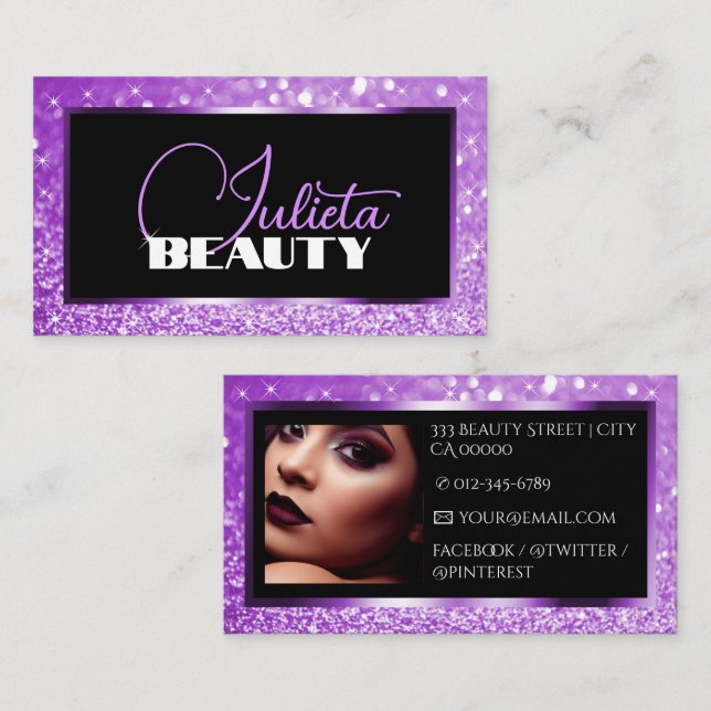 Luxury Purple Lilac Sparkle Glitter Photo Template Business Card (Front/Back)