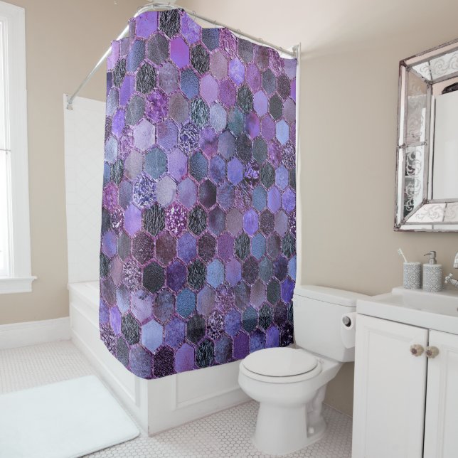 Luxury Purple Metal Foil Glitter honeycomb pattern Shower Curtain (In Situ)