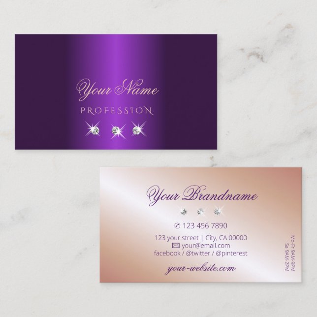 Luxury Purple Rose Gold Sparkle Diamonds Luxe Glam Business Card (Front/Back)