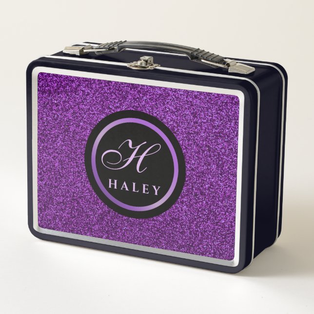 Luxury Purple Sparkles Glitter Monogrammed Initial Metal Lunch Box (Front)