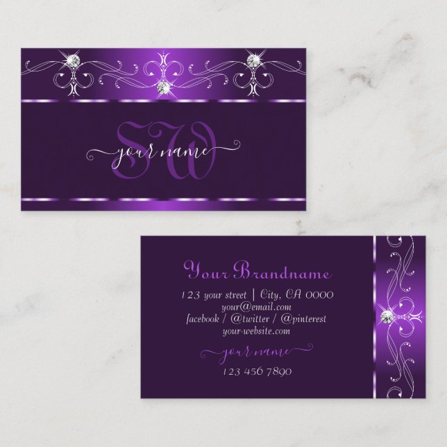 Luxury Purple Squiggles Sparkle Diamonds Initials Business Card (Front/Back)
