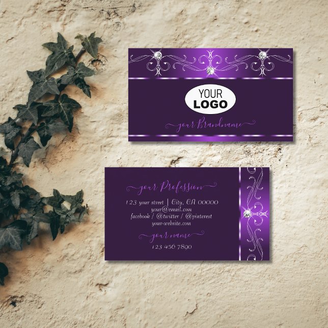 Luxury Purple Squiggles Sparkle Diamonds with Logo Business Card (Creator Uploaded)