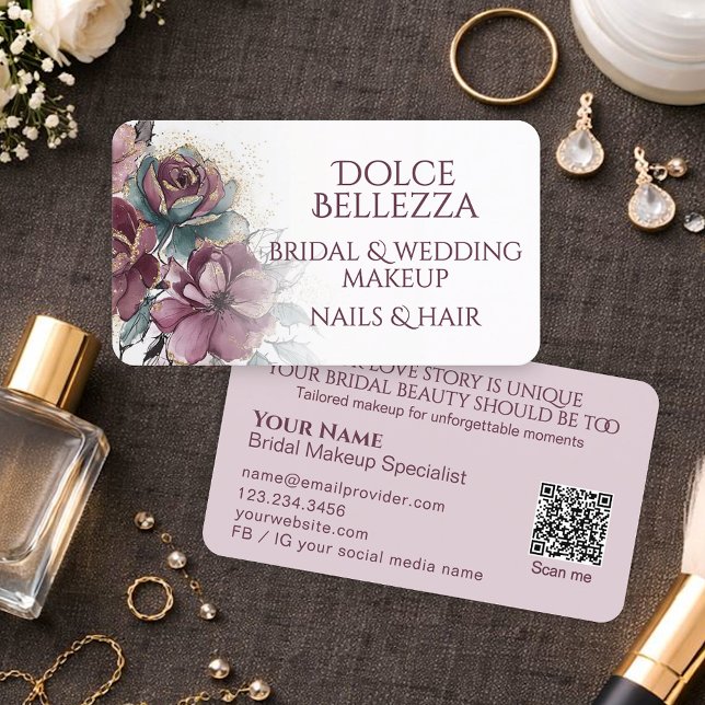 Luxury Purple Teal Floral Bridal Makeup Artist Business Card (Creator Uploaded)