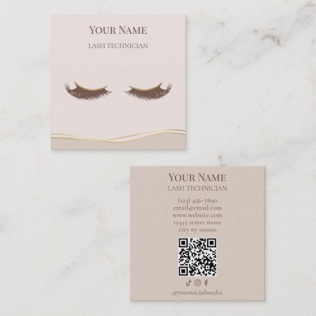 Luxury QR code Beige and Gold Lash Technician Square Business Card (Front/Back)