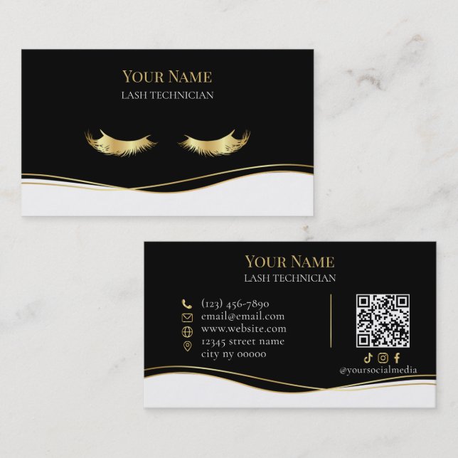 Luxury QR code Black and Gold Lash Technician Business Card (Front/Back)