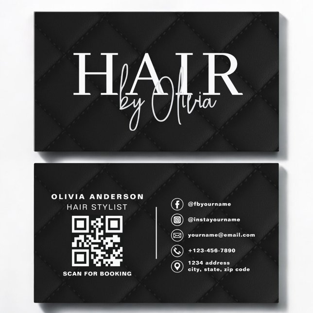 Luxury QR Code Hair Stylist Black Quilted Fabric Business Card (Creator Uploaded)