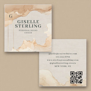 Luxury QR Code Linen Watercolor Gold Foil  Square Business Card