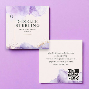 Luxury QR Code Purple Watercolor Gold Foil Square Business Card