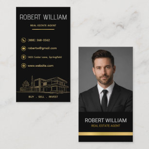 Luxury Real Estate Agent Black Gold Vertical Photo Business Card