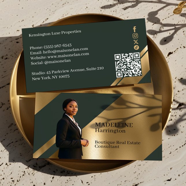 Luxury Real Estate Agent Green & Gold Luxe Photo Business Card (Luxury Real Estate Agent Black & Gold Black Luxe Business Card)