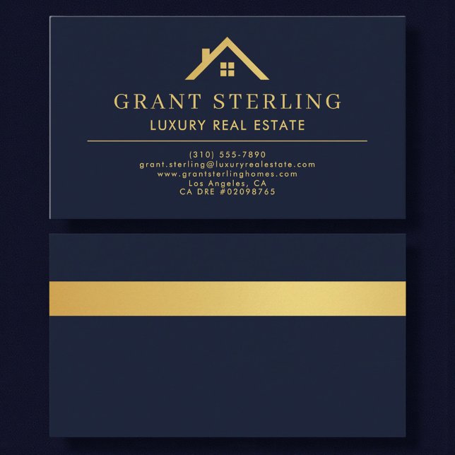 Luxury Real Estate Agent Navy Blue Gold Metallic Business Card (Creator Uploaded)