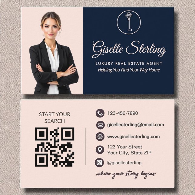 Luxury Real Estate Agent Navy Blush Photo QR Code Business Card (Creator Uploaded)