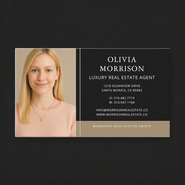 Luxury Real Estate Agent Photo Black Gold Business Card (Creator Uploaded)