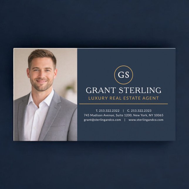Luxury Real Estate Agent Photo Navy Blue Gold Business Card (Creator Uploaded)