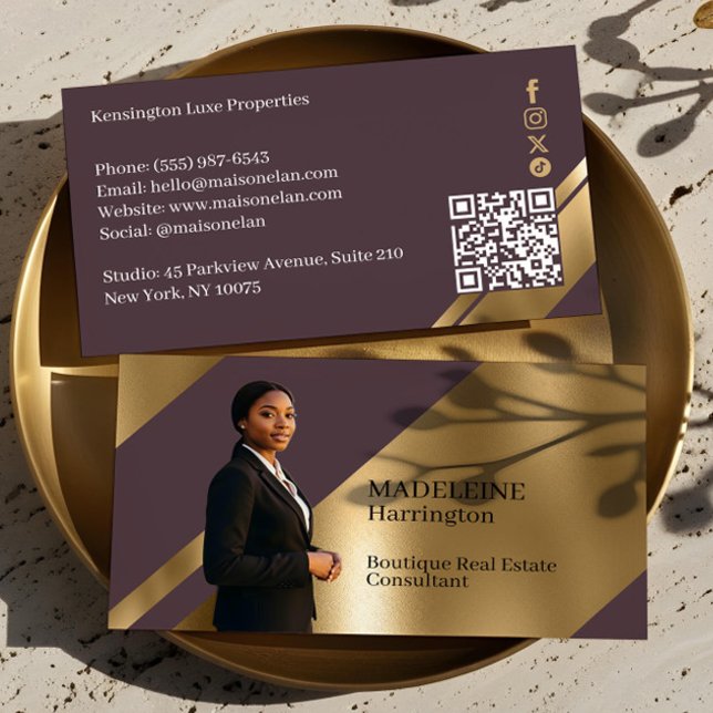 Luxury Real Estate Agent Plum & Gold Luxe Photo Business Card (Luxury Real Estate Agent Black & Gold Black Luxe Business Card )