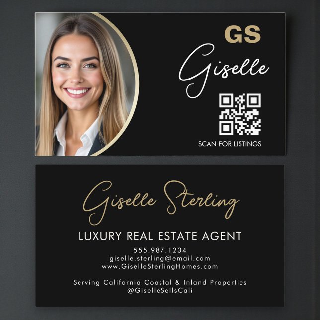 Luxury Real Estate Agent QR Code Black Gold Photo  Business Card (Creator Uploaded)