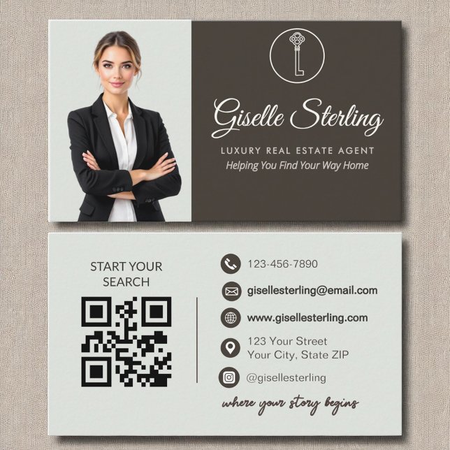 Luxury Real Estate Agent Sage Green Photo  QR Code Business Card (Creator Uploaded)