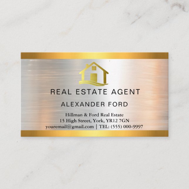 luxury Real Estate Agent silver Metallic Gold Business Card (Front)