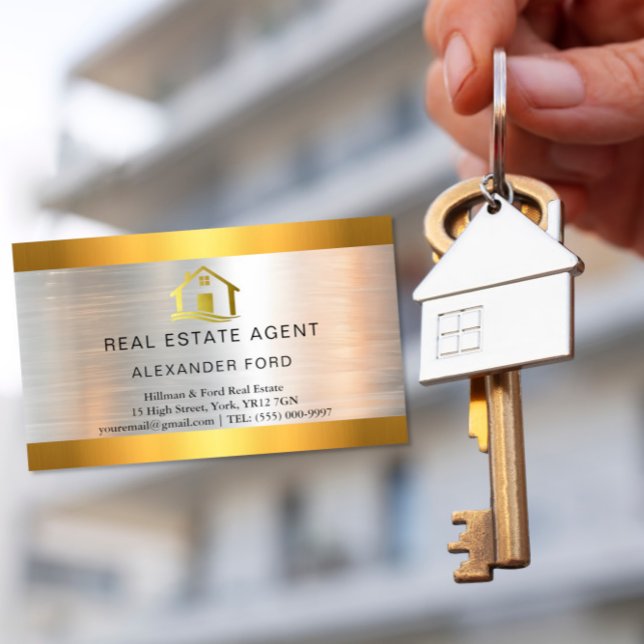 luxury Real Estate Agent silver Metallic Gold Magnetic Business Card (Creator Uploaded)