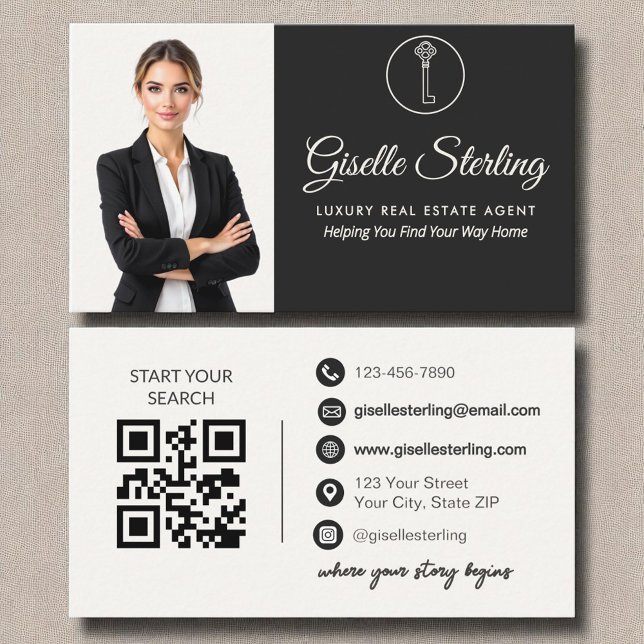 Luxury Real Estate Agent White Photo QR Code  Business Card (Creator Uploaded)