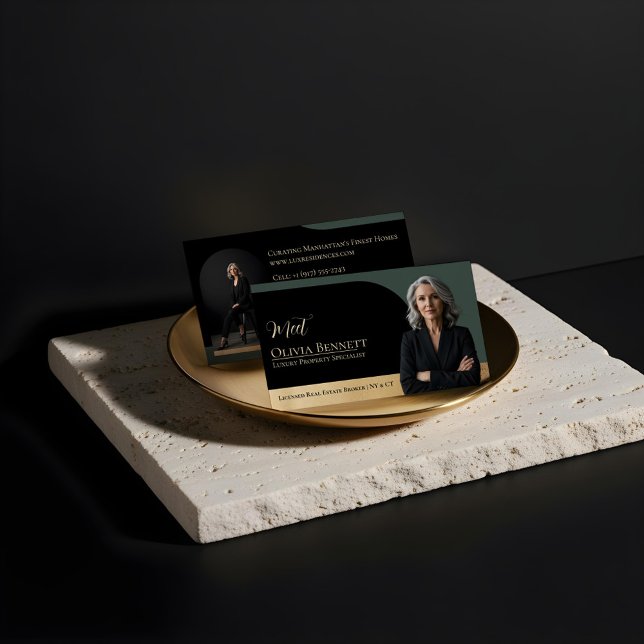 Luxury Real Estate Arch Frame Photo Black Gold Business Card (Luxury Real Estate Arch Frame Photo Black Gold Business Card)