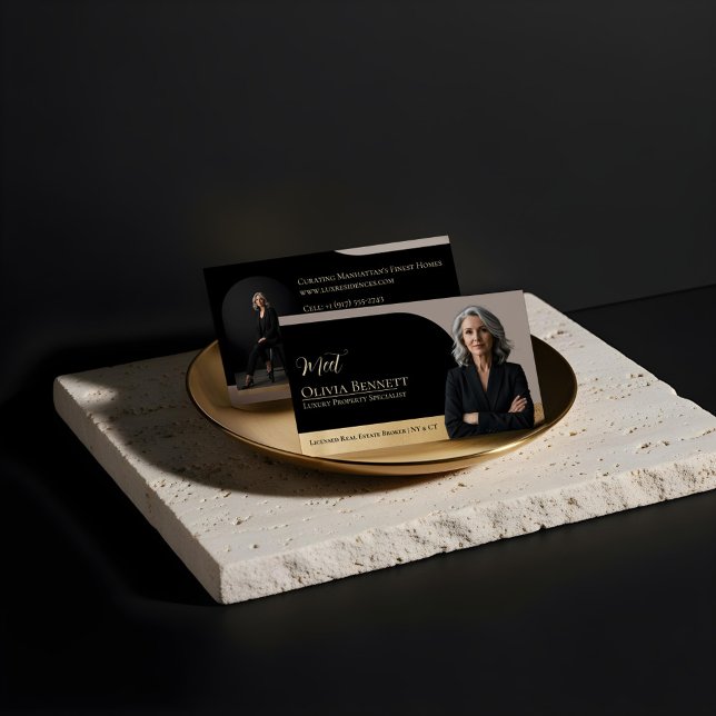 Luxury Real Estate Arch Frame Photo Black Gold Business Card (Luxury Real Estate Arch Frame Photo Black Gold Business Card)